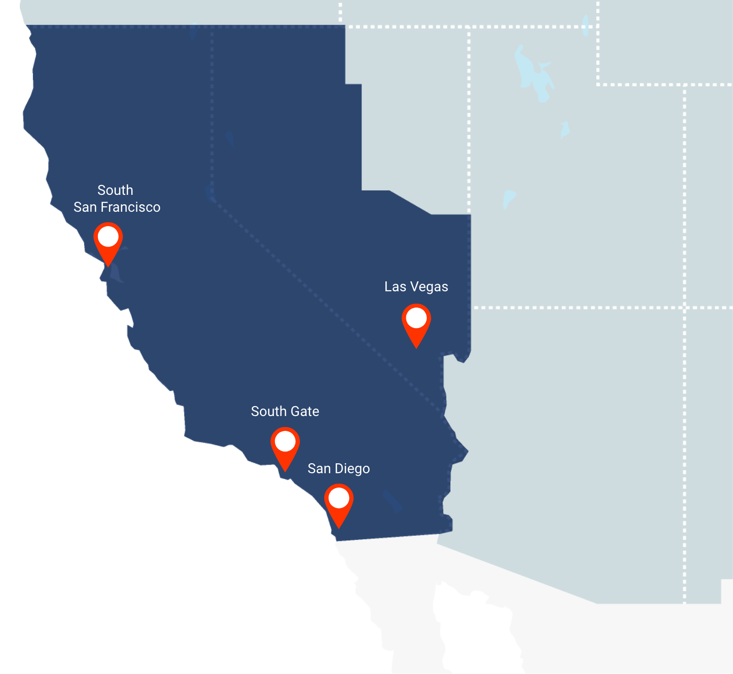 map of California and Nevada with 4 markers